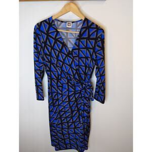 ANNE KLEIN Women's Blue Black Geometric Print Dress M/L Wrap Style Long Sleeve